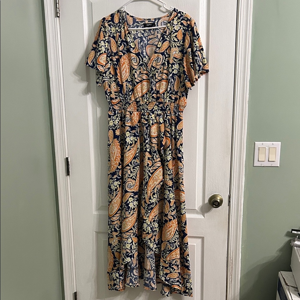 Liofy Elegant Paisley Maxi Dress in Navy and Orange 2XL
